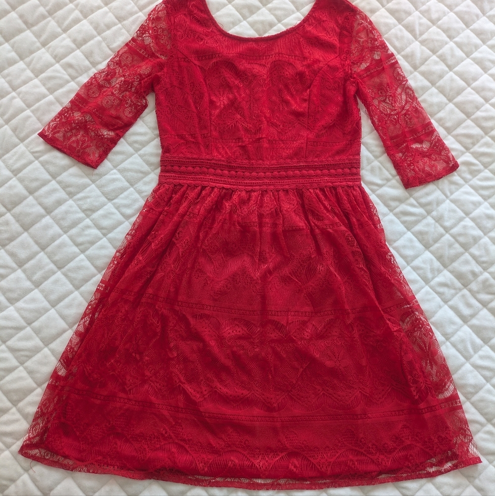 Francesca Alya Lace A-Line Mini Dress Red Size Small Party Formal Sheer Sleeve